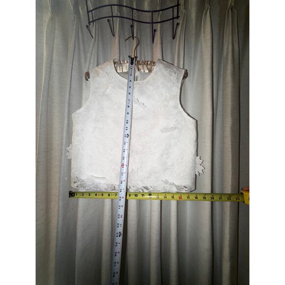 White 3D Floral Applique Sleeveless Crop Shell Top Ribbon Bow Sheer S M 90s 00s - Picture 8 of 10